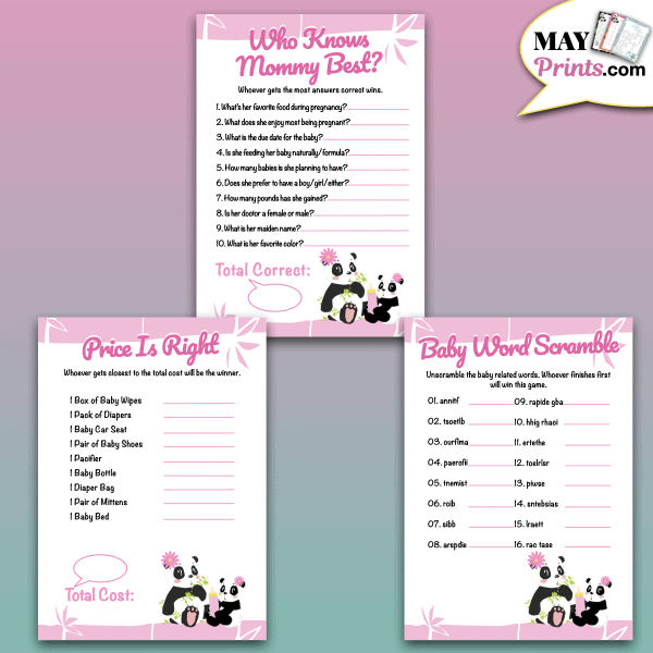 Panda Baby Shower Games Who Knows Mommy Best Price Is Right Baby Word Scramble