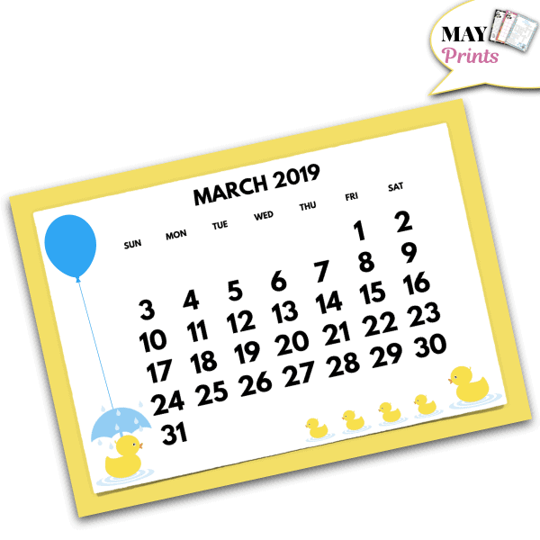 Printable Rubber Ducky Baby Shower Calendar