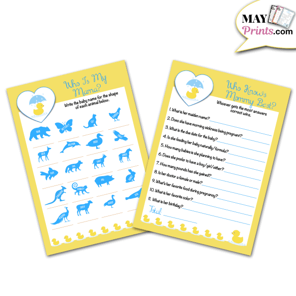 Printable Rubber Ducky Baby Shower Games Who Is My Mama and Who Knows Mommy Best Game