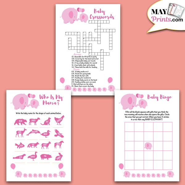 Pink Elephant Baby Shower Games Printable