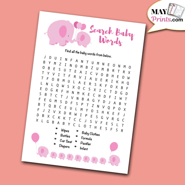 Pink Elephant Baby Shower Games - Search Baby Words