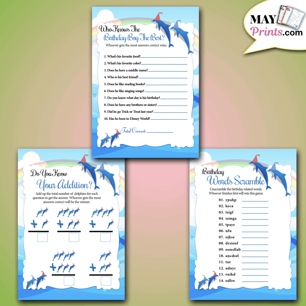 Printable Dolphin Birthday Party Games For Kids