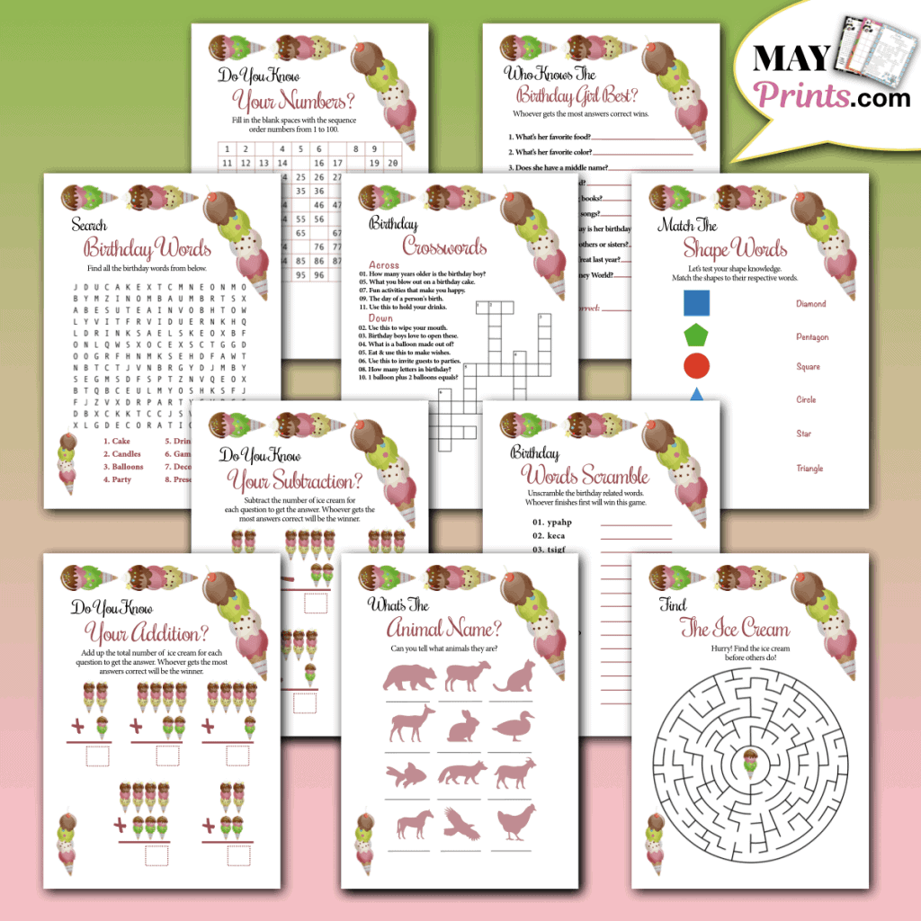 Ice Cream Birthday Party Games For Little Girls 10 Printable Games