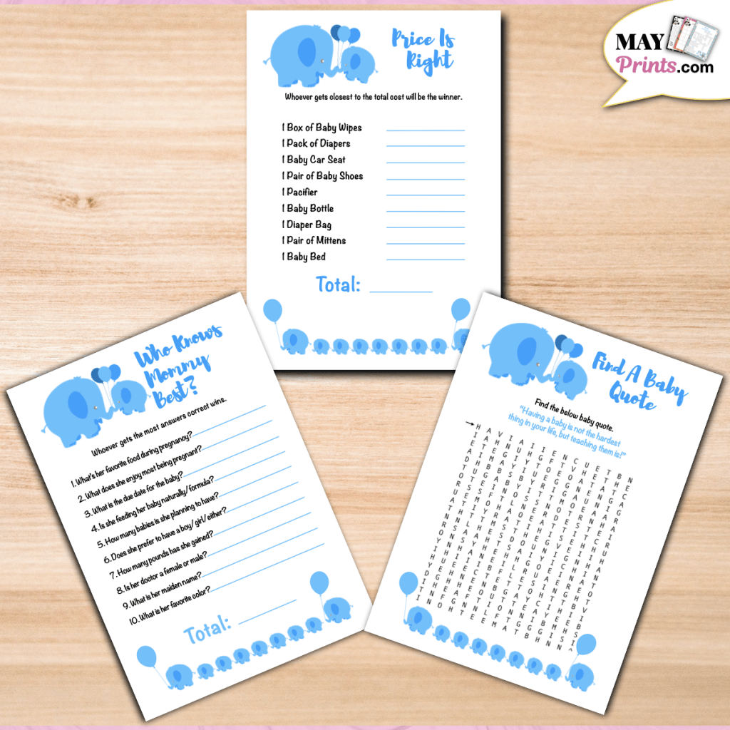 Printable Elephant Themed Baby Shower Games - 10 GAMES