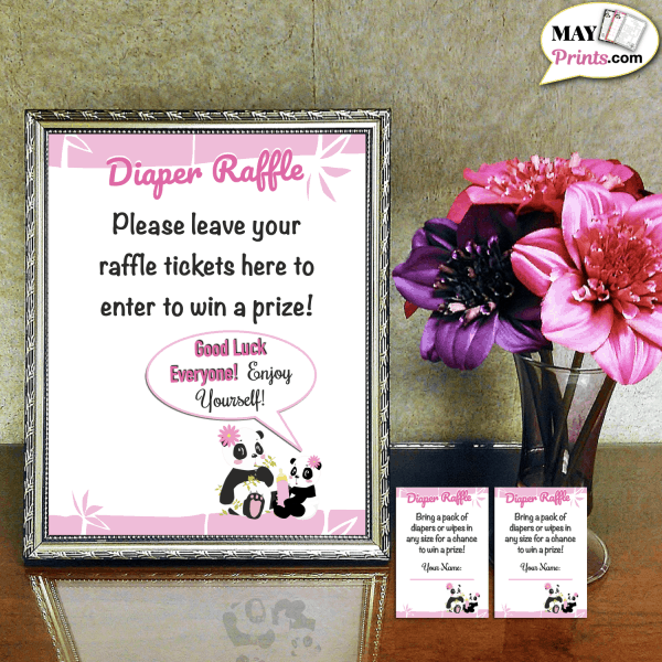 Pink Panda Baby Shower Diaper Raffle Sign and Tickets