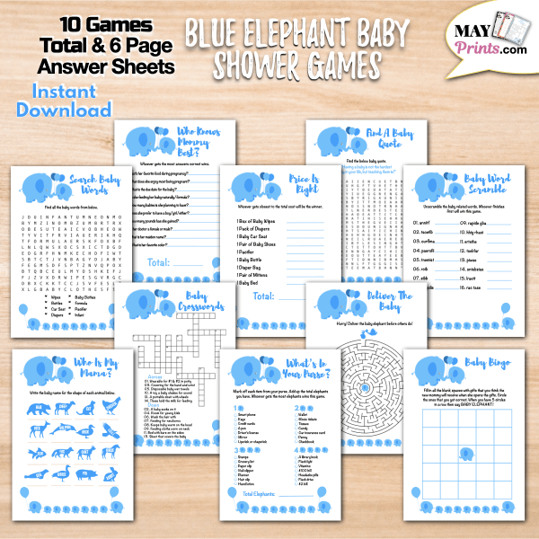 Printable Elephant Themed Baby Shower Games